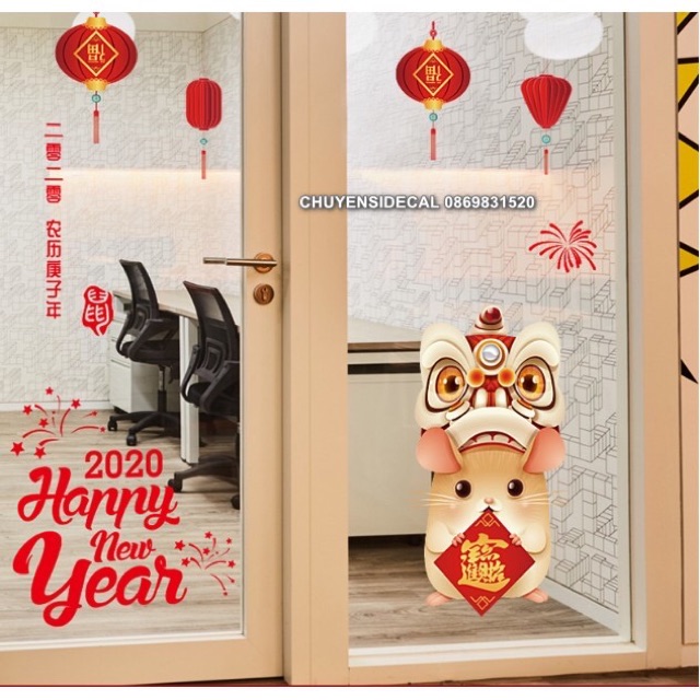 Decal dán Tết - Chuột Vàng bảng đỏ chào 2020