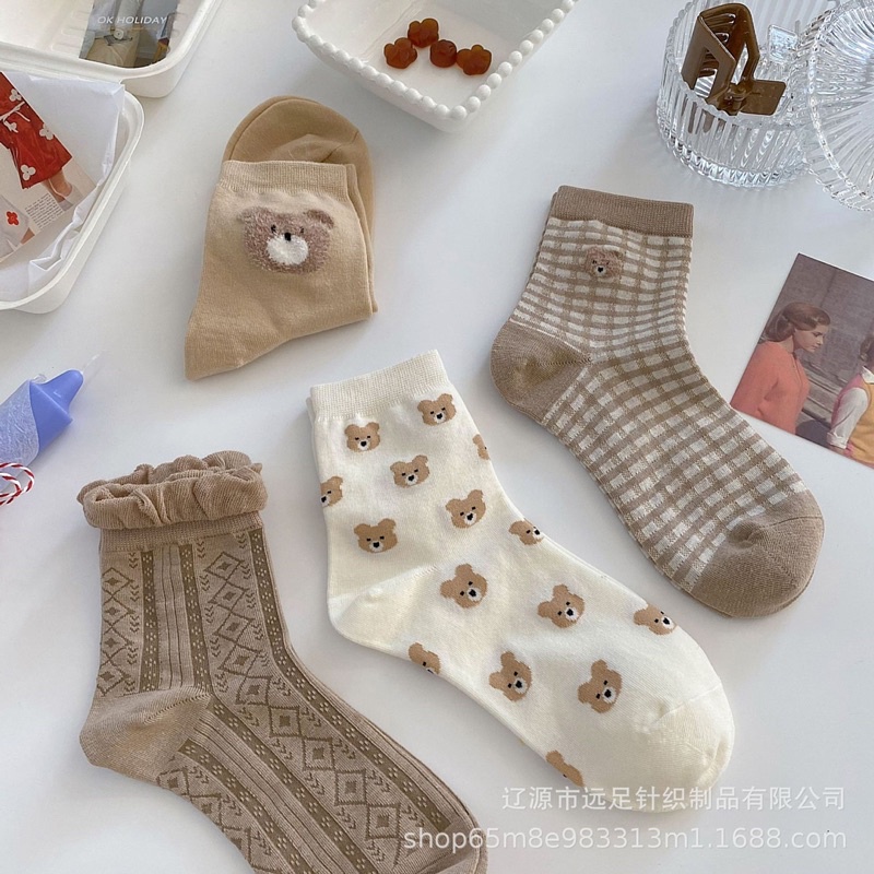 Tất nữ cao cổ hình gấu VINTAGE set màu nâu đẹp phong cách Hàn Quốc