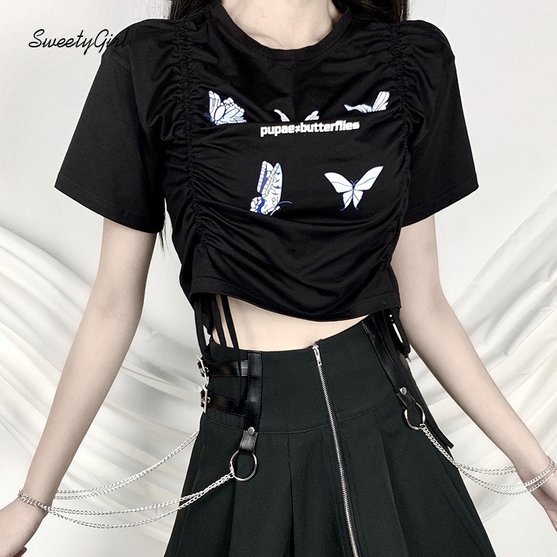 SweetyGirl Women Fashion Butterfly Printing Round Neck Short Sleeves Pleated Crop Top