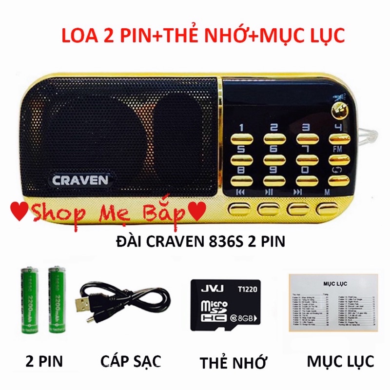 Combo Đài nghe tiếng anh cho bé, Loa tắm ngôn ngữ Craven 836 2Pin, Đài FM, Pin rất khoẻ