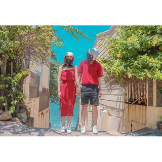 Áo đôi nam nữ - Set áo váy sơ mi cặp couple màu đỏ, màu xanh đen Hàn Quốc couple AV80 (có ảnh thật)