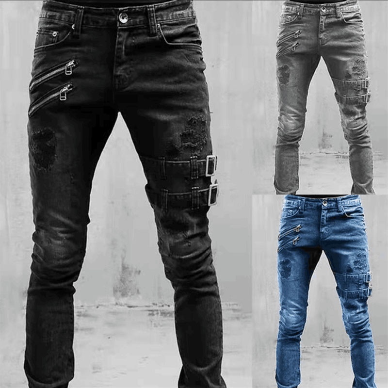 Quần Jeans Dài Dáng Ôm Phối Vết Rách Cá Tính Cho Nam