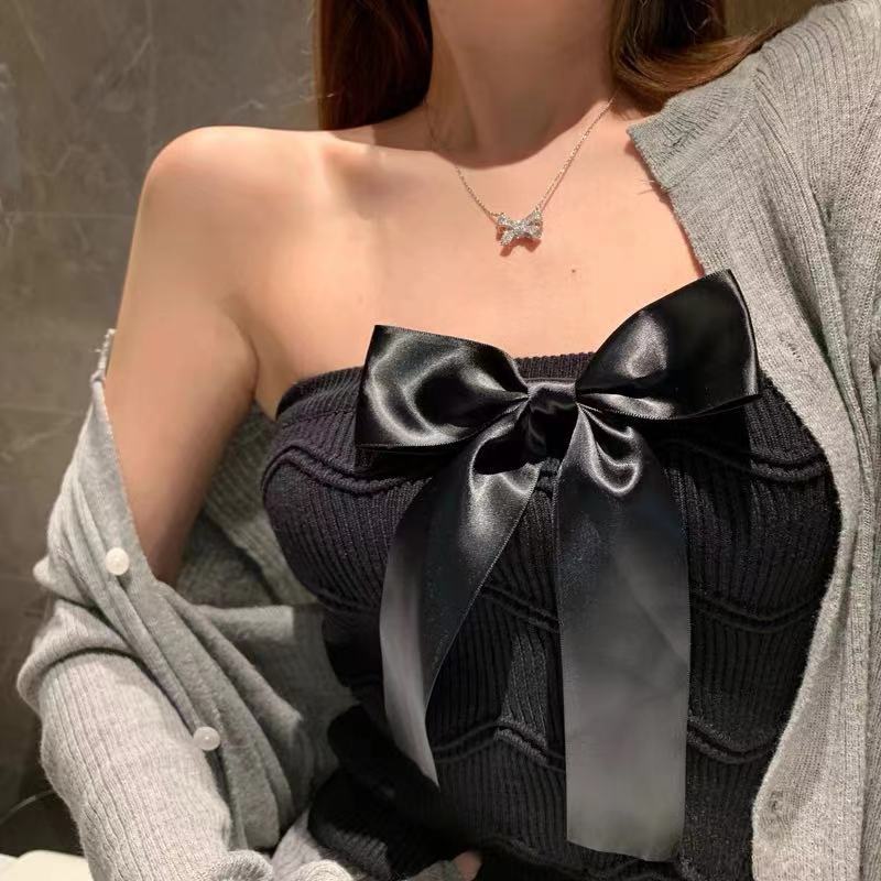 Áo không tay SUXI dệt kim phối nơ thời trang cho nữ