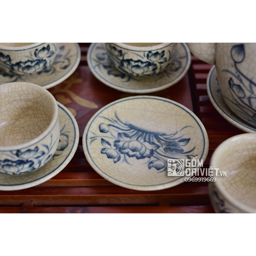 Bộ ấm trà vung lõm Bát Tràng men rạn cổ vẽ sen