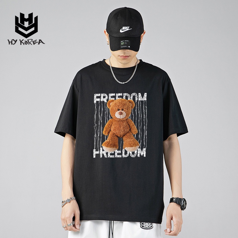 Áo Thun Tay Lỡ 100 Cotton HY Korea In Hình Gấu Freedom 534 Nam Nữ
