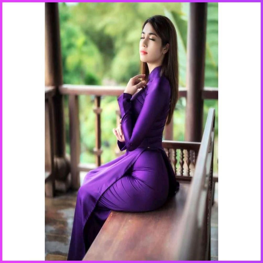 ÁO DÀI TRUYỀN THỐNG TÍM PHI BÓNG PHƯỚC THỊNH CO DÃN KÈM QUẦN, ÁO DÀI NỮ, ÁO DÀI MAY SẴN ADT2TPBT