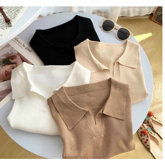 Áo Len Gân croptop cổ bẻ bo eo Quảng châu len gân tăm tay ngắn tôn dáng sành điệu