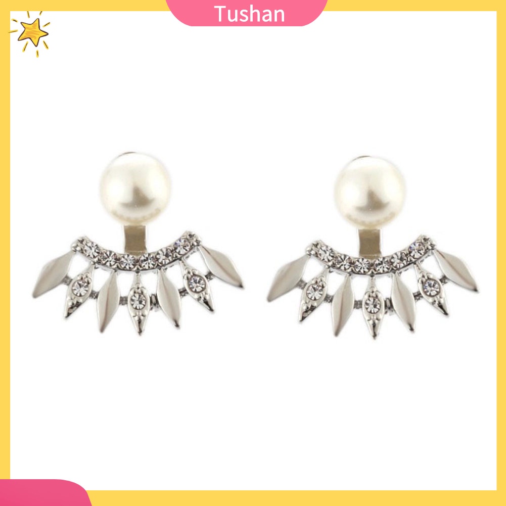 TUSH_Fashion Women Rhinestone Faux Pearl Fan Shape Ear Jackets Earrings Jewelry Gift