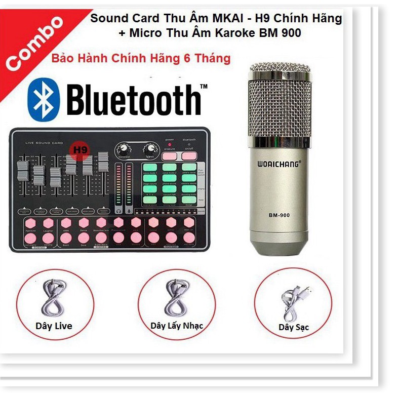 Combo Micro BM900 và Soundcard MKAI H9 – Thu Âm Hát Live Stream, Karaoke, AutoTune, Giả Giọng, Cực Hay, Có Bluetooth