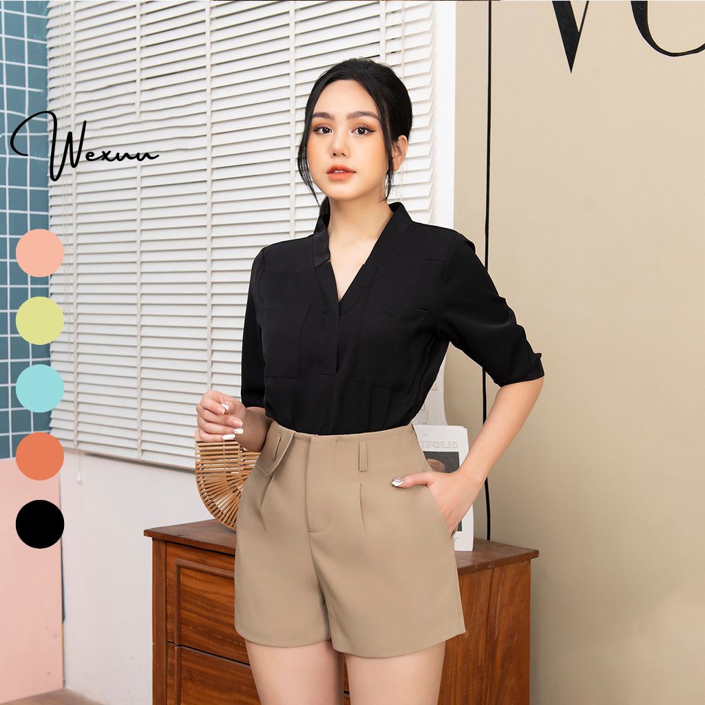 Áo kiểu nữ tay lỡ Wexuu Design áo nữ cổ xẻ V có túi thanh lịch chất vải đẹp- SP12