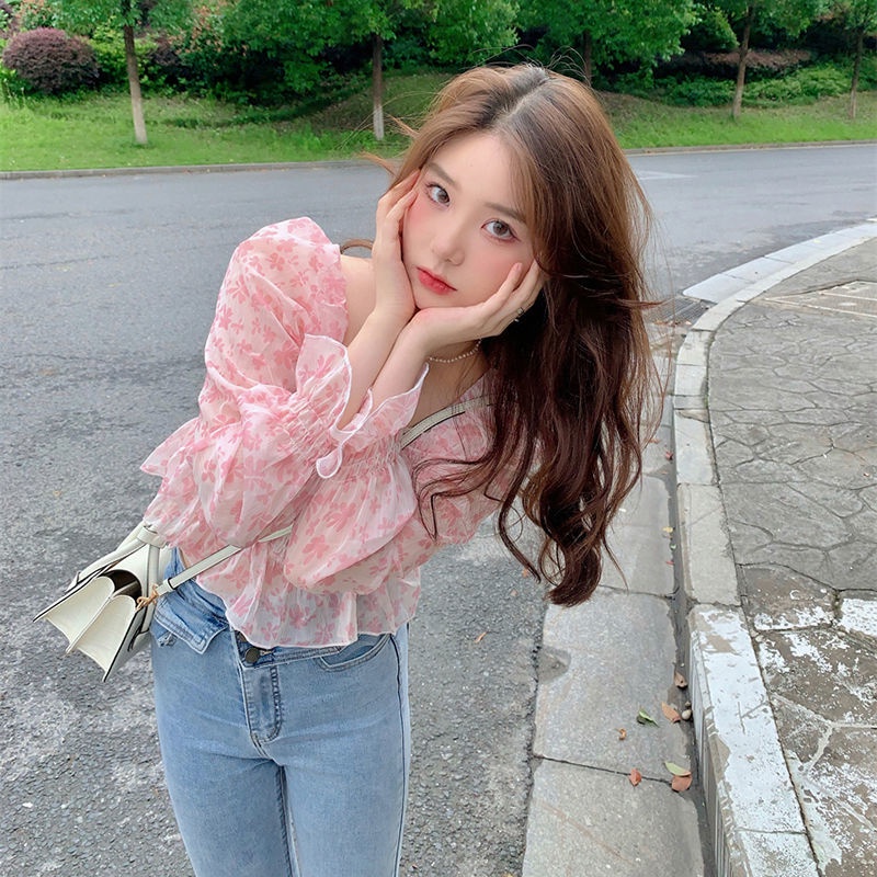 Áo sơ mi chiffon tay dài họa tiết hoa ngọt ngào mới cho nữ