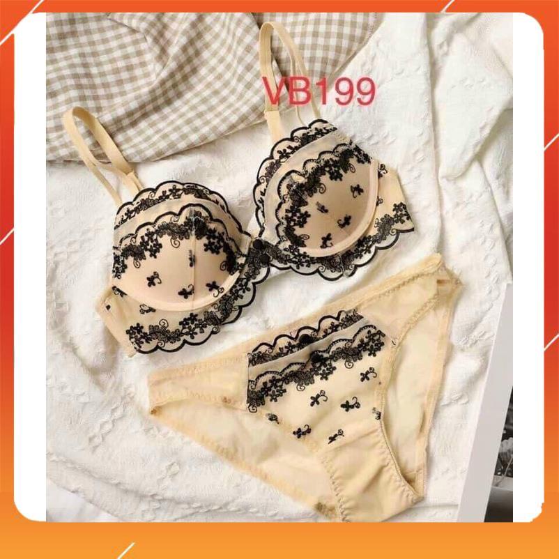 Set bộ đồ lót nữ Vick siêu cấp áo có gọng cup ngang, chất liệu ren họa tiết hoa thêu, có đệm mút. Mã B21410