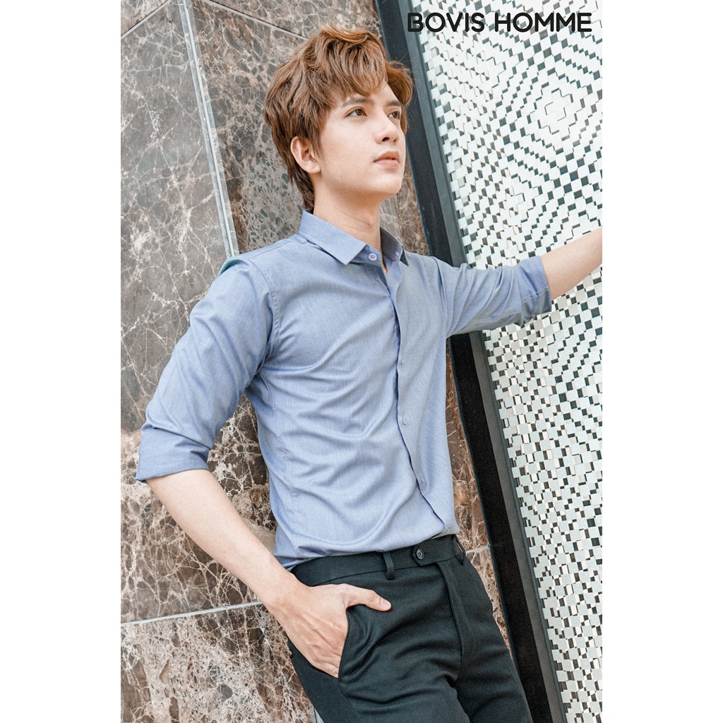 Áo sơ mi nam Bovis Homme tay dài SD365, màu xám, Form slim, chất liệu bamboo, mặt vải mềm mượt, thoáng mát, chống nhăn