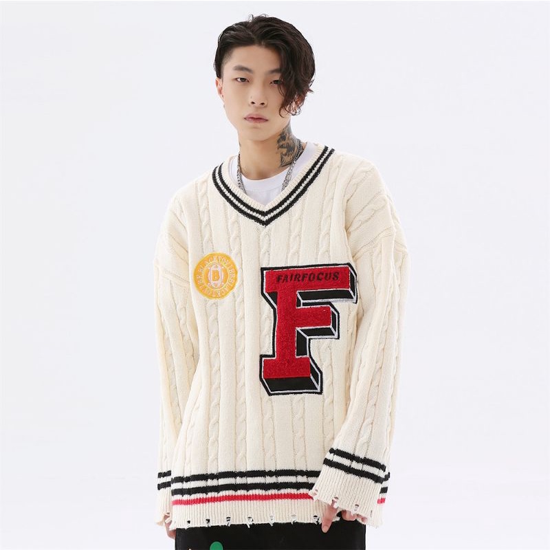 Áo len FAIRFOCUS thêu xù cổ chữ V - Áo dệt kim dài tay form rộng unisex