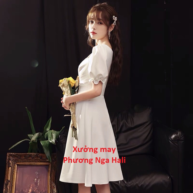 ĐẦM XÒE DỰ TIỆC CHẤT VẢI ĐẸP XƯỞNG MAY PHƯƠNG NGA HALI -VÁY TRẮNG ĐI CHƠI CÔNG SỞ XẾP LY EO TAY HOA SANG TRỌNG | BigBuy360 - bigbuy360.vn