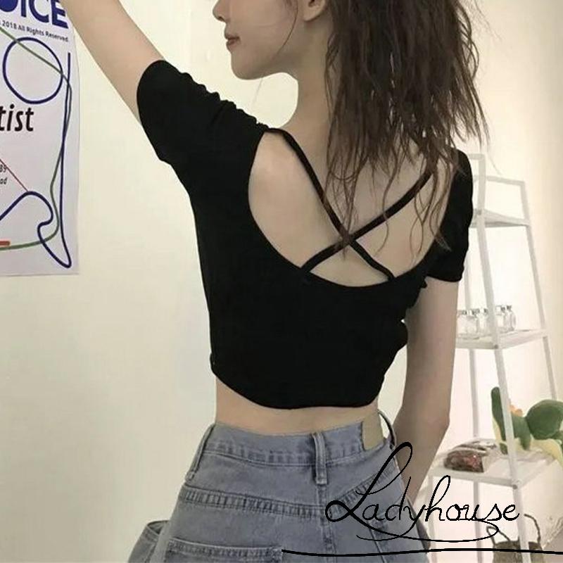 Áo Thun Croptop Tay Ngắn Màu Sắc Trơn Thiết Kế Hở Lưng Thời Trang Quyến Rũ Cho Nữ