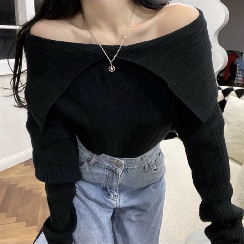 Áo Dệt Kim Tay Dài Hở Vai Dáng Ôm Phong Cách Hàn Quốc Thời Trang Cho Nữ