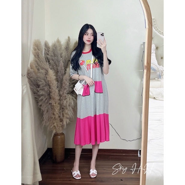 n3-Đầm suông thun tay con họa tiết 2 túi và viền lai: