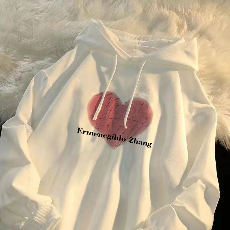 Áo Hoodie Tay Dài Dáng Rộng Màu Trắng In Họa Tiết Thời Trang Mùa Thu Mới Cho Nữ