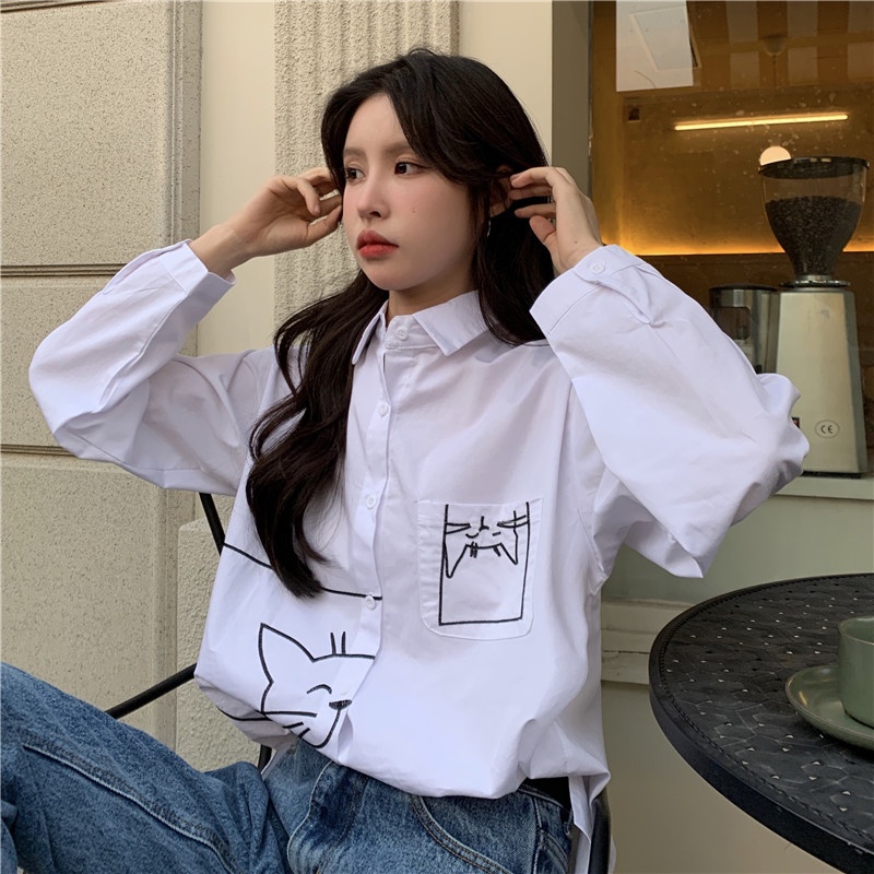 Áo sơ mi ZHELIHANGFEI tay dài dáng rộng họa tiết hình con mèo phong cách học đường dễ phối đồ