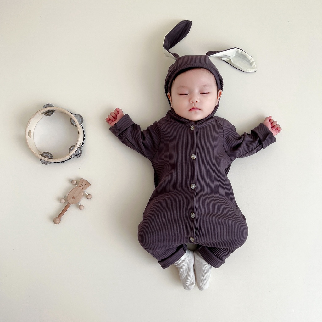 Bộ Áo Liền Quần Bằng Cotton Có Mũ Trùm Tai Thỏ Dễ Thương Cho Bé 0-2 Tuổi