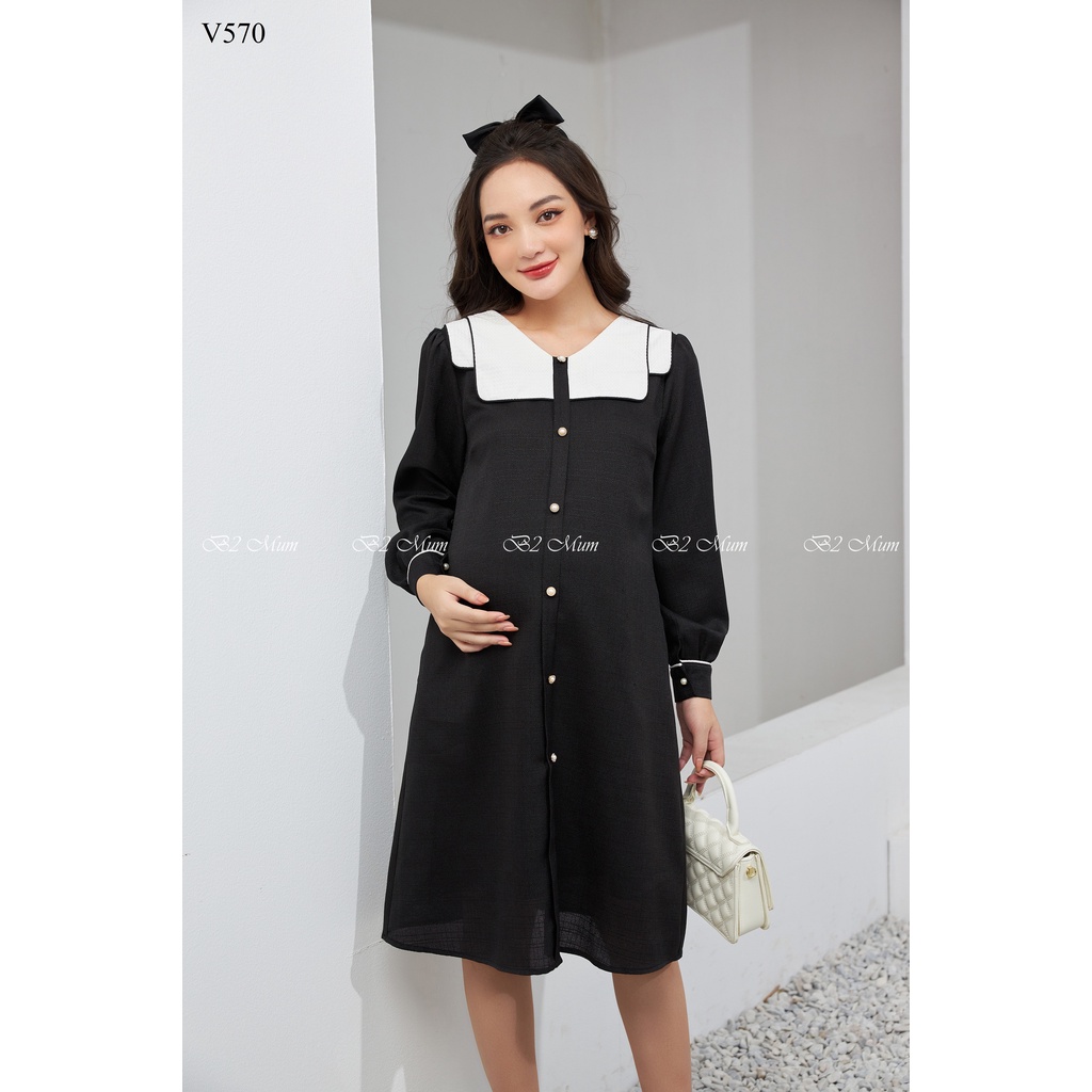 V570 Váy dạ text phối cổ đen