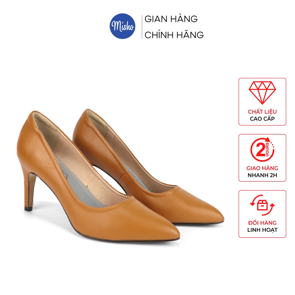 Giày cao gót công sở nữ mũi tròn basic chất da bò thật cao cấp êm mềm ôm chân gót nhọn thanh mảnh cao 9cm Misho 1094