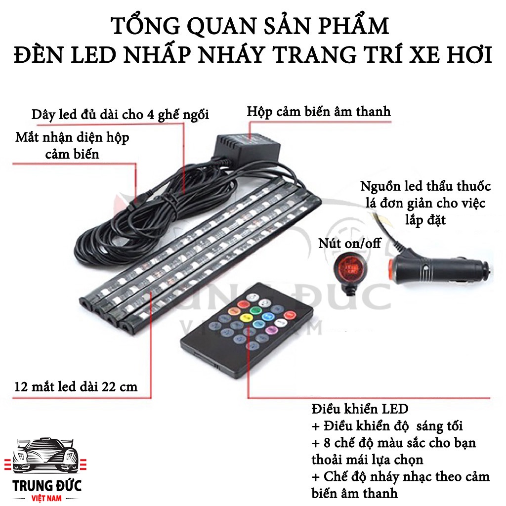 Đèn Led Gầm Ghế Ô Tô, xe hơi TRUNGDUCVN loại 12 Led có điều khiển từ xa, cảm ứng âm thanh nhấp nháy theo nhạc