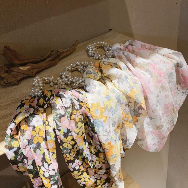 Dây Buộc Tóc Ruy Băng Đính Ngọc Trai Giả In Họa Tiết Mới Cho Nữ