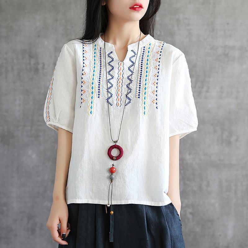 Áo Thun 100% Cotton Tay Ngắn Cổ Chữ v Họa Tiết Thêu Đơn Giản Thời Trang Mùa Hè Phong Cách Mới