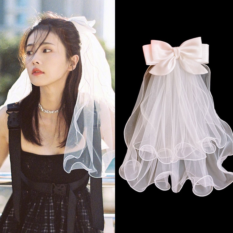 Mạng Che Mặt Đính Nơ Ren Trắng 55cm Cho Cô Dâu