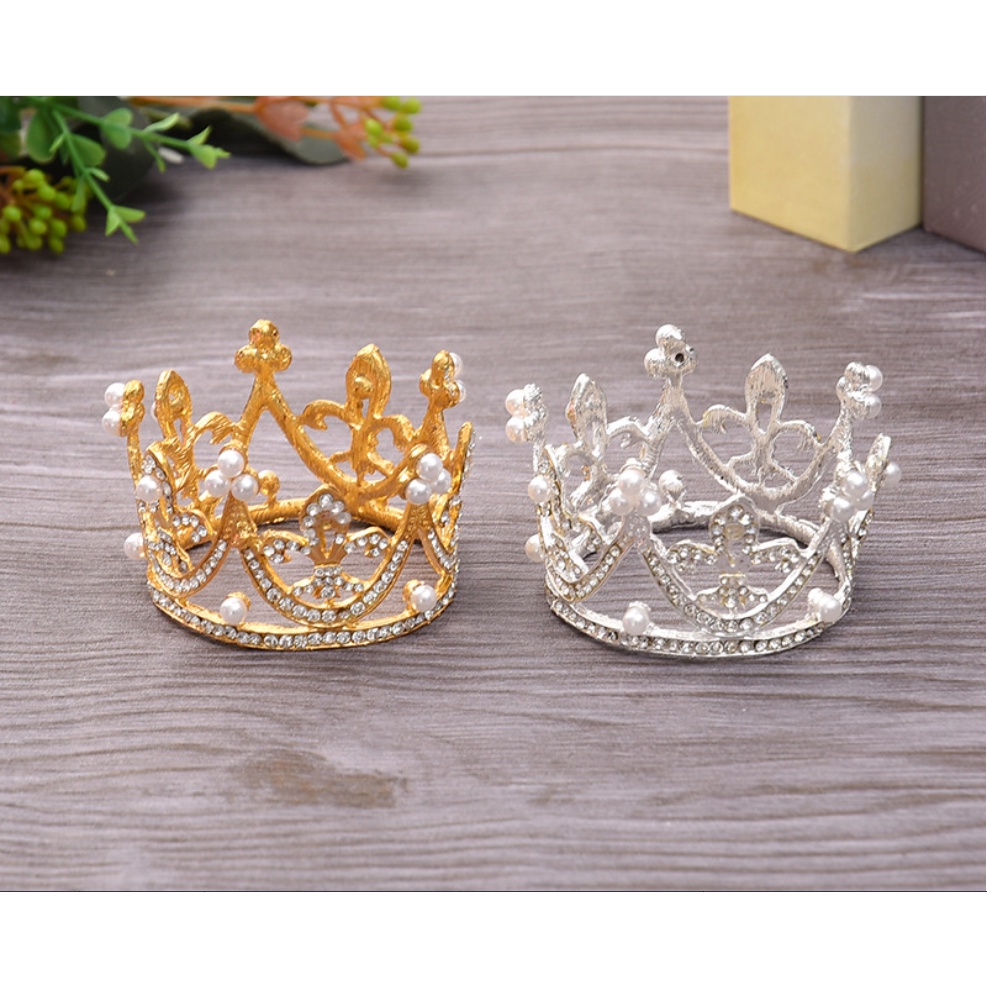 Vương Miện Mini Đính Ngọc Trai Trang Trí Bánh Kem Sinh Nhật Chất Lượng Cao