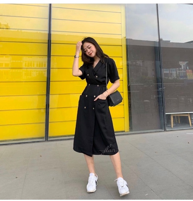 Đầm Đen Tilly Dress thiết kế đơn giản from suông chuẩn - váy dáng dài có túi cổ vest chữ V eo có bo chun co giãn | BigBuy360 - bigbuy360.vn