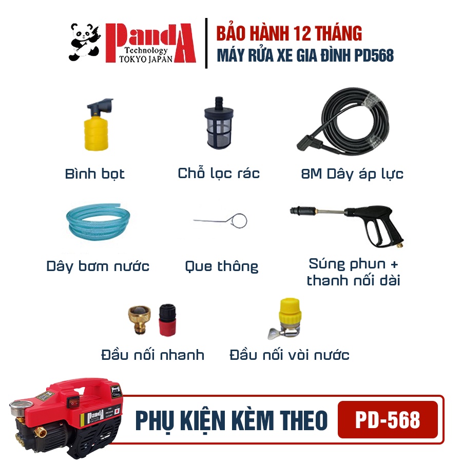 Máy rửa xe PANDA PD568 công suất 2300W, Motor từ dây Đồng dùng cho gia đình phun rửa sân, ô tô, xe máy