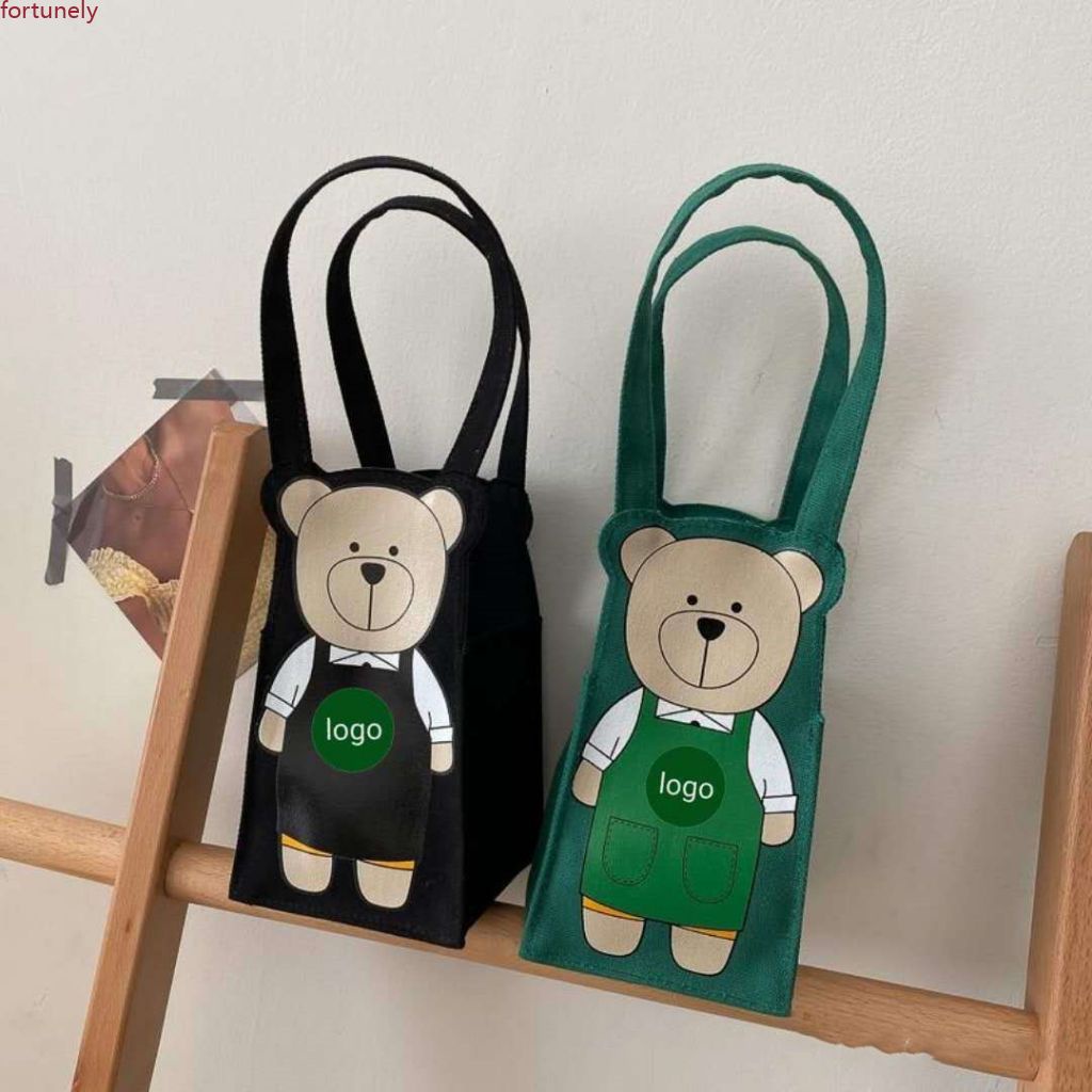 Túi tote đựng cốc đồ uống Starbucks bằng vải in hình gấu đeo tạp dề bằng vải