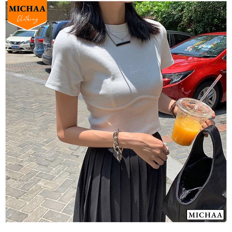 Áo Croptop Nữ Cổ Tròn Tay Ngắn VÂN BỤNG Đẹp Ôm Body, Áo Thun Croptop Kiểu Sexy Chất Gân - MICHAA CR11