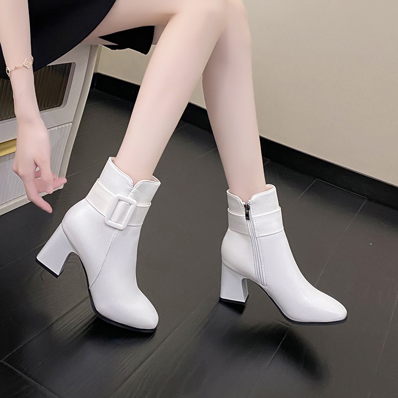 💗Bốt Nữ Giày cao gót 💗Boot nữ  cổ thấp Mũi Nhọn Gót Vuông Phối Khóa Kéo Thời Trang Cho Nữ