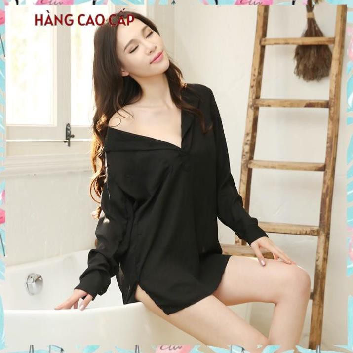 Áo ngủ sơ mi nữ xuyên thấu form dài váy ngủ sơ mi gợi cảm Thư Thư [HÀNG CAO CẤP]
