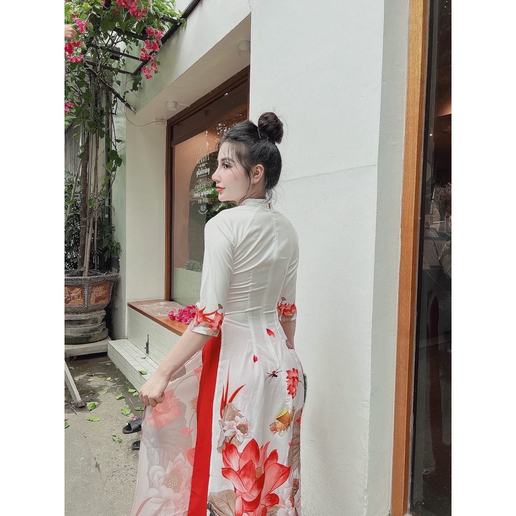 Áo dài cổ trụ trắng in hoa sen đỏ - AD16
