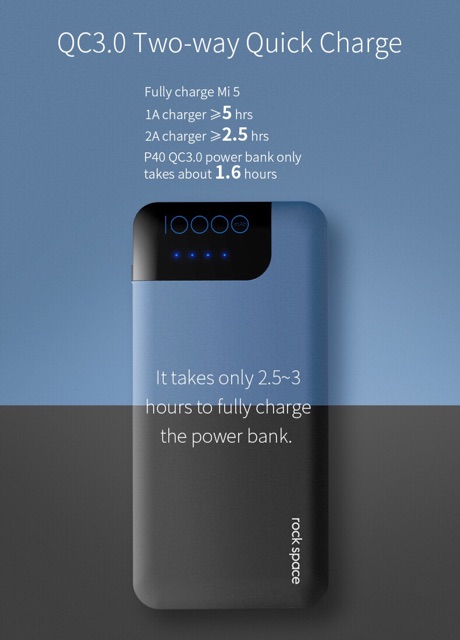 Sạc Dự Phòng chính Hãng Rock Space P40 hỗ trợ sạc nhanh Quickcharger QC3.0 Power Bank 10000mAh.