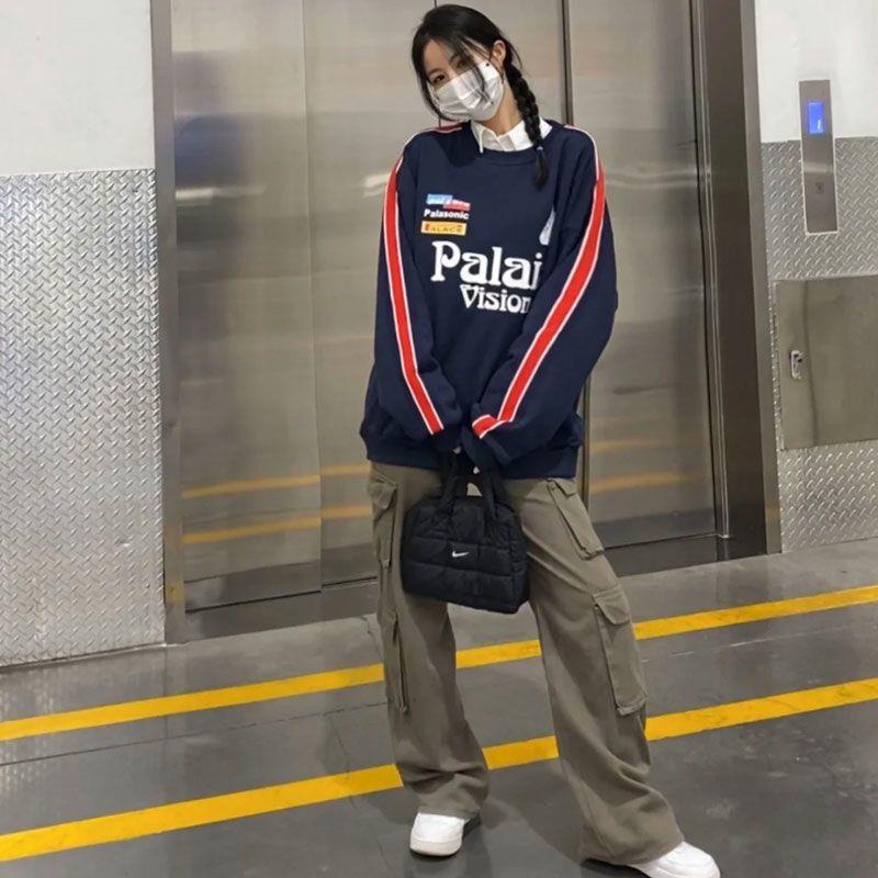 Jennie cùng phong cách cổ tròn in chữ Mỹ thời trang mùa thu cặp đôi váy cotton(cotton nguyên chât)