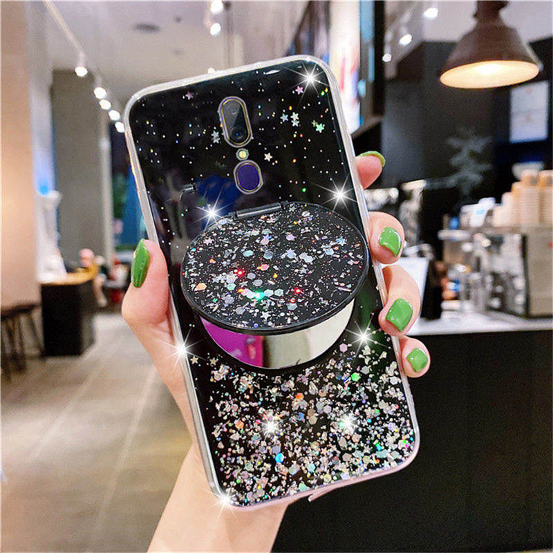 Glitter Bling Sequins Case Soft Silicone TPU Mirror Stand Holder Back Cover casing OPPO F9 F11 Pro A3S A5S Reno 3 4 5