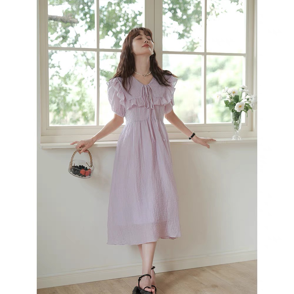 Váy tiểu thư đũi nhăn cổ sen bèo buộc dây cúc ngọc dáng xòe, đầm đũi suông dài dáng xòe xinh Kozoda D80