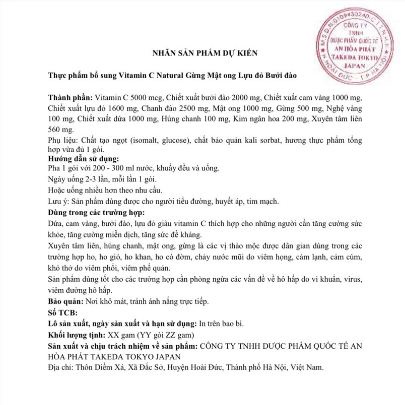 THỰC PHẨM BỔ SUNG Vitamin C Natural Gừng Mật ong Lựu đỏ Bưởi Đào ( hộp 15 gói )