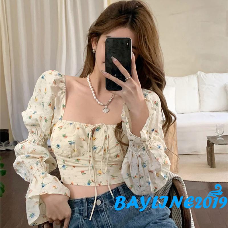 Áo Lửng Tay Dài Họa Tiết Hoa Thời Trang Quyến Rũ Cho Nữ