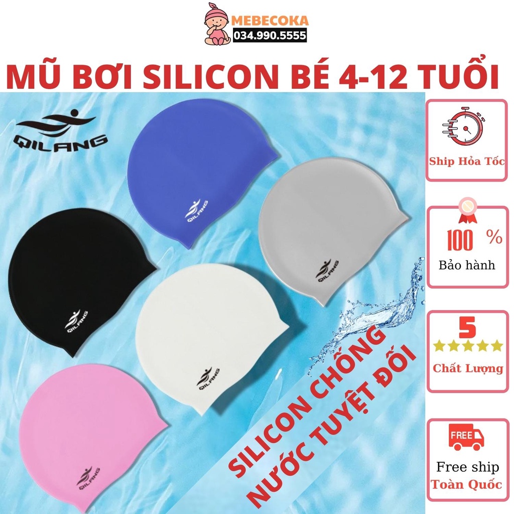 Mũ bơi, nón bơi cho bé từ 4 tuổi tới 14 tuổi, Chất liệu Silicone cao cấp CHỐNG NƯỚC 100%