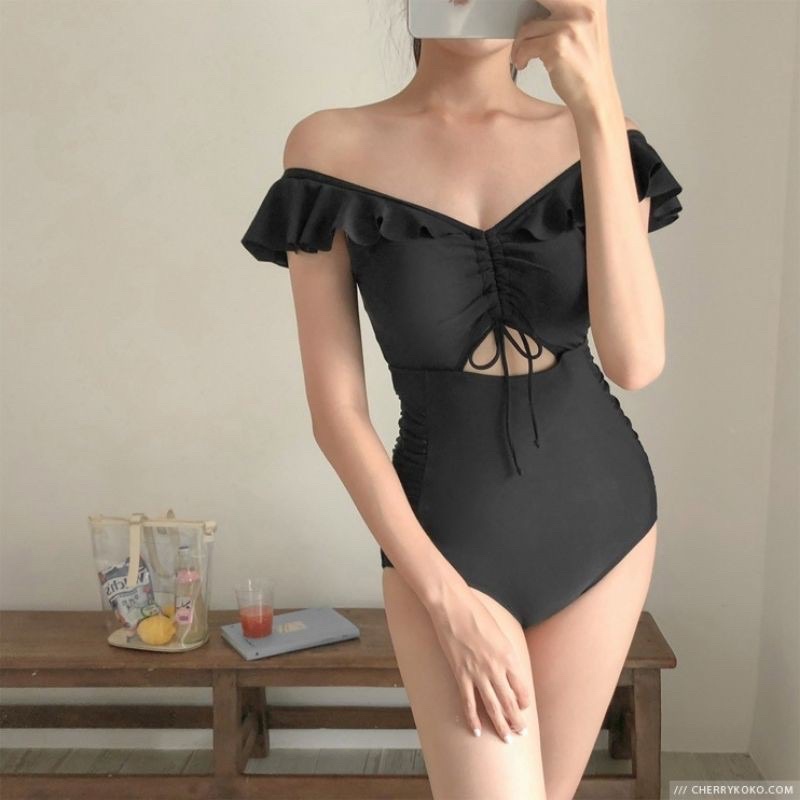 Bikini liền thân tay viền bèo rút dây ngực đen