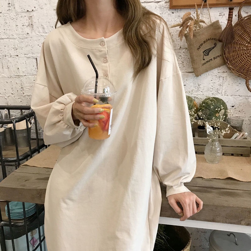 Đầm Nữ Dài Tay Cổ Tròn Form Rộng Thời Trang Hàn