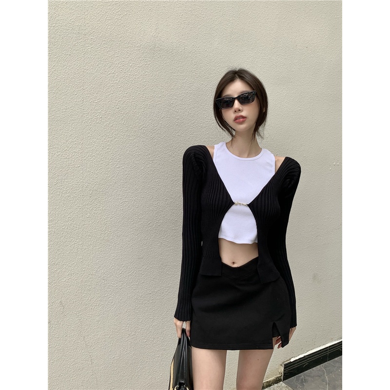Mới Áo Khoác cardigan Dệt Kim Tay Dài Cổ Chữ V Trễ Vai
