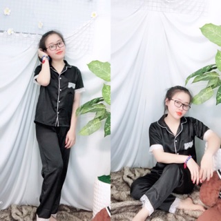 Pizama phi lụa ren tay ngắn quần dài